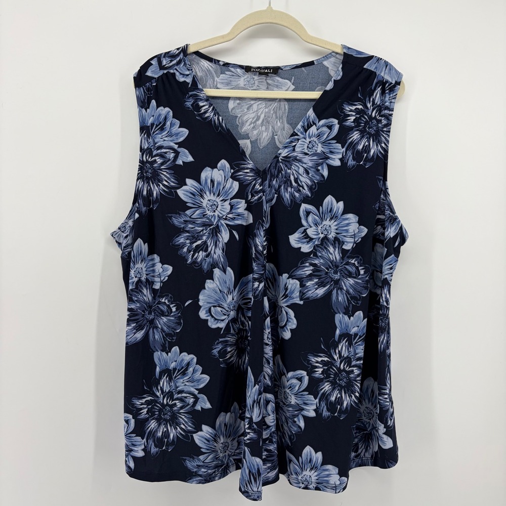Roz & Ali Womens 2X Navy Blue Floral Sleeveless V-Neck‎ Pleated Front Blouse Top